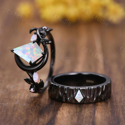 Gothic Kite Cut Fire White Opal Engagement Ring Set ¨C Black Gold Nature Inspired Couples Band, His and Her Ring