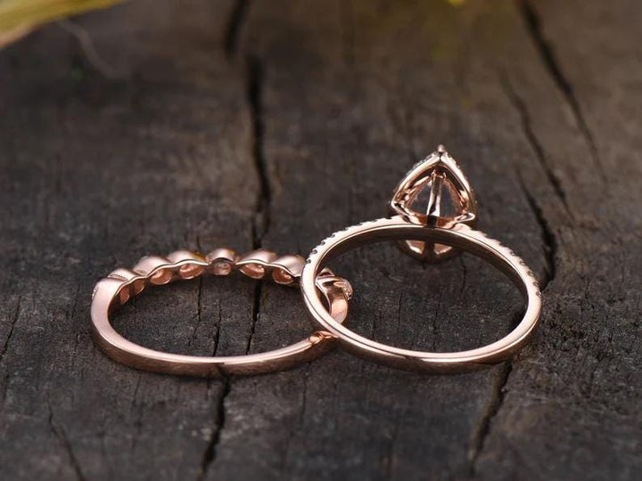 Vintage Garnet Engagement Ring Set Rose Gold 5x8 mm Pear Shaped January Birthstone Wedding Ring Art Deco Black Spinel Band Bridal Set