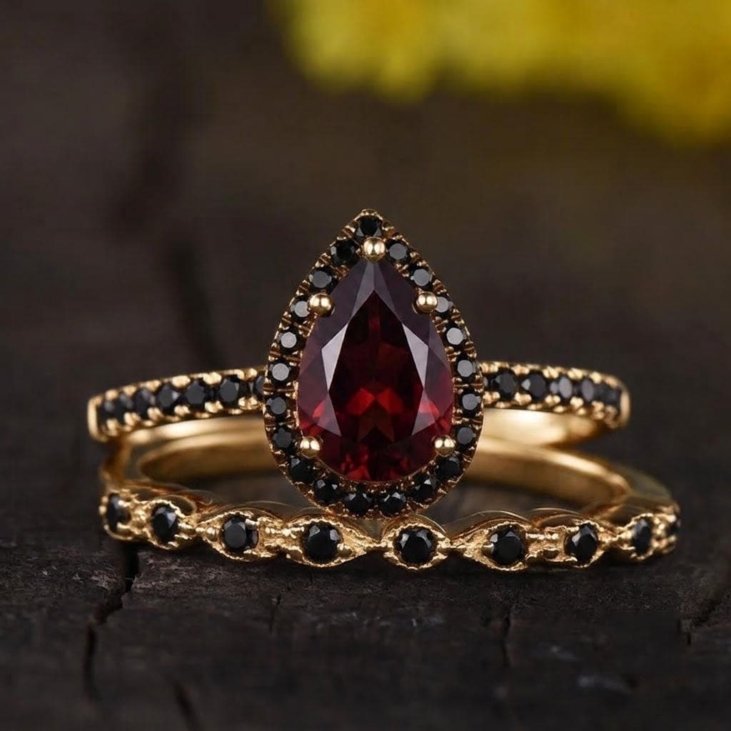 Vintage Garnet Engagement Ring Set Rose Gold 5x8 mm Pear Shaped January Birthstone Wedding Ring Art Deco Black Spinel Band Bridal Set