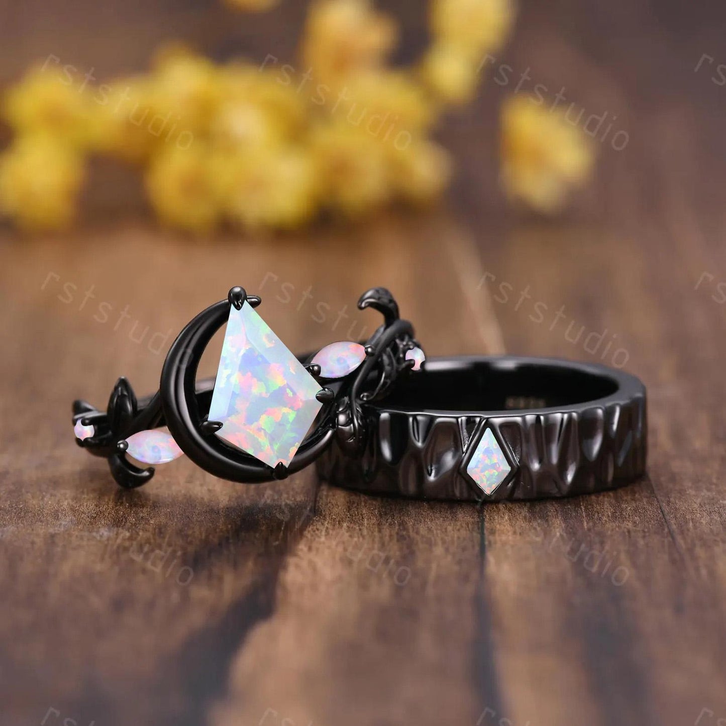 Gothic Kite Cut Fire White Opal Engagement Ring Set ¨C Black Gold Nature Inspired Couples Band, His and Her Ring