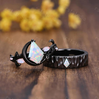 Gothic Kite Cut Fire White Opal Engagement Ring Set ¨C Black Gold Nature Inspired Couples Band, His and Her Ring