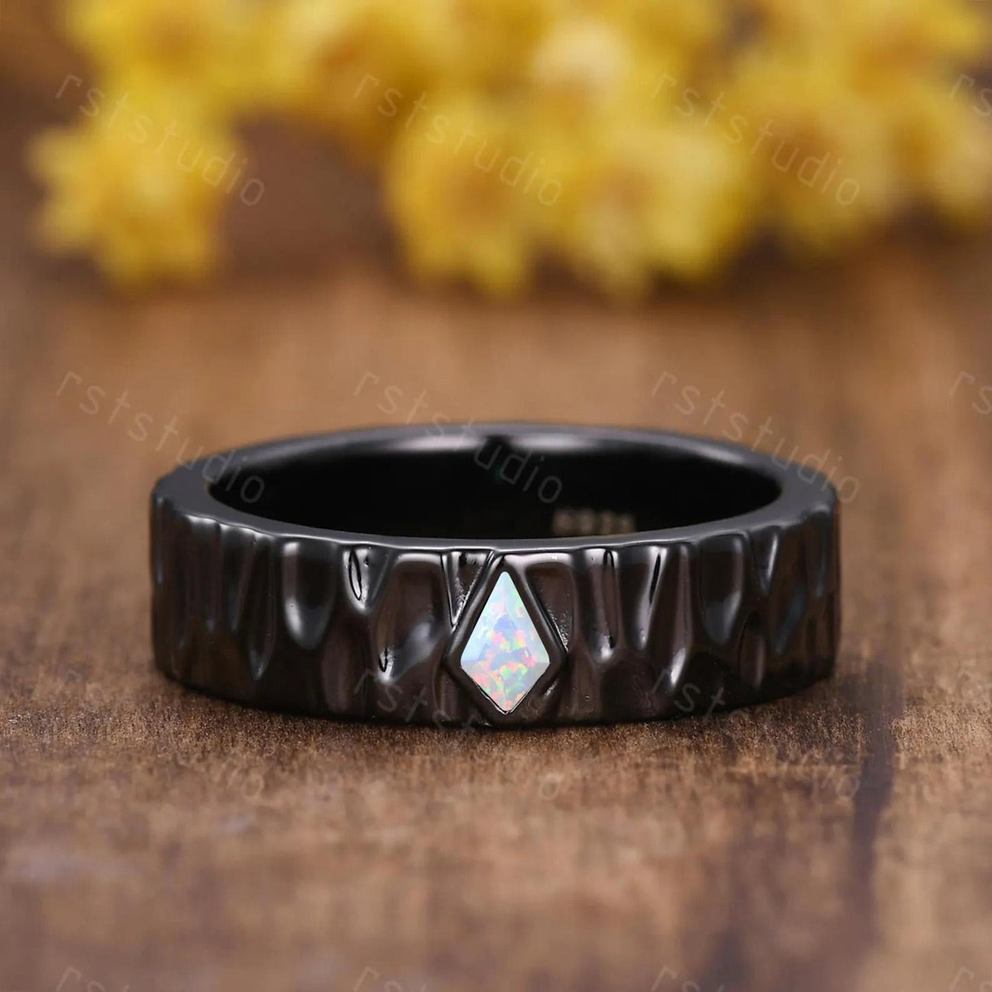 Gothic Kite Cut Fire White Opal Engagement Ring Set ¨C Black Gold Nature Inspired Couples Band, His and Her Ring