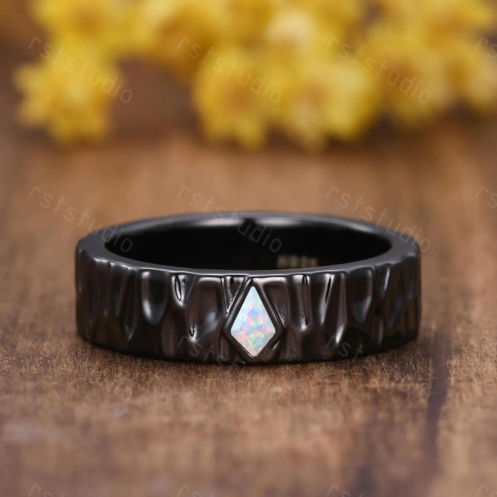 Gothic Kite Cut Fire White Opal Engagement Ring Set ¨C Black Gold Nature Inspired Couples Band, His and Her Ring