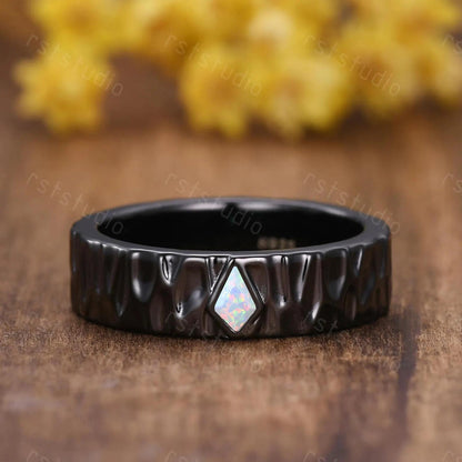 Gothic Kite Cut Fire White Opal Engagement Ring Set ¨C Black Gold Nature Inspired Couples Band, His and Her Ring