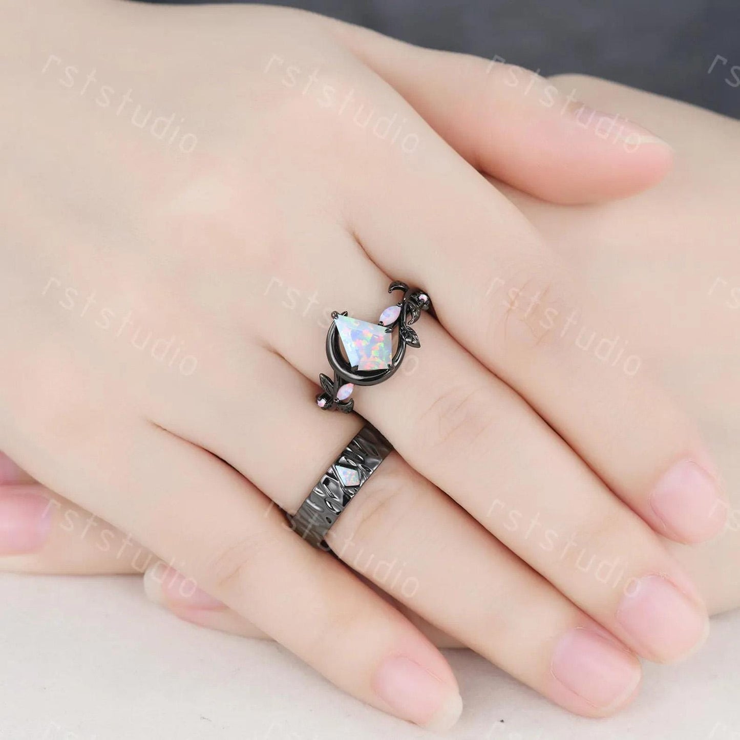 Gothic Kite Cut Fire White Opal Engagement Ring Set ¨C Black Gold Nature Inspired Couples Band, His and Her Ring