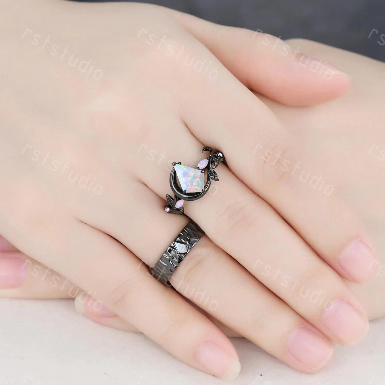 Gothic Kite Cut Fire White Opal Engagement Ring Set ¨C Black Gold Nature Inspired Couples Band, His and Her Ring