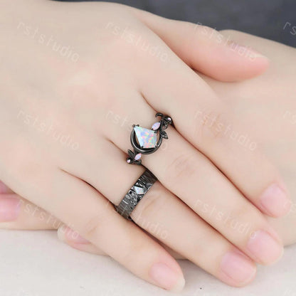 Gothic Kite Cut Fire White Opal Engagement Ring Set ¨C Black Gold Nature Inspired Couples Band, His and Her Ring