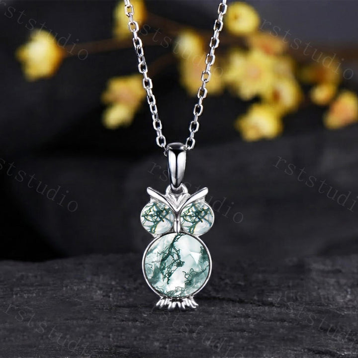 Unique Owl Natural Moss Agate Wedding Necklace Night Owl Round Green Agate Pendant Animal Inspired Wedding Anniversary Gift for Girl