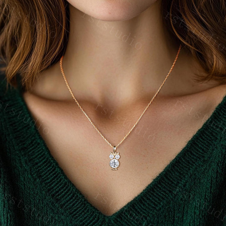 Unique Owl Lab Grown Diamond Necklace, Three Stone Minimalist Moissanite Pendant Neckalce,  Art Deco Animal Inspired Wedding Jewelry Women