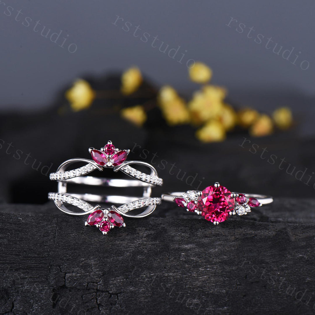 Vintage Snowdrift Ruby Engagement Ring Set: 14K White Gold Moissanite Wedding Set