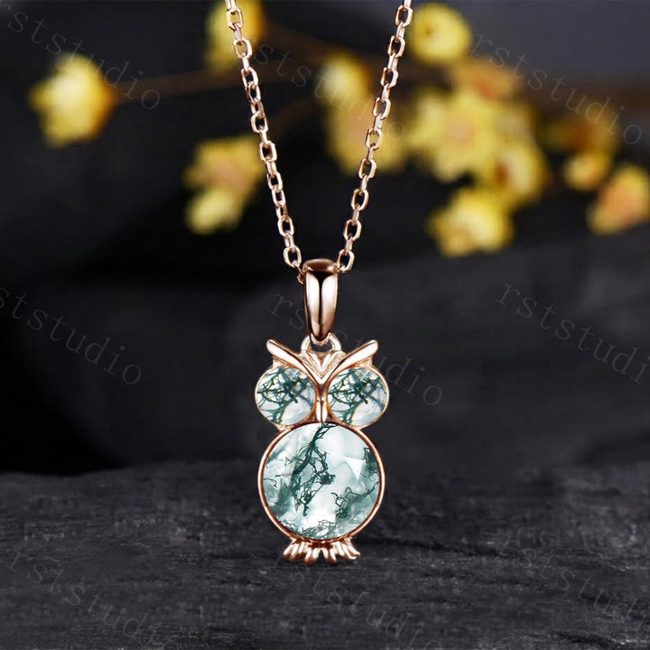 Unique Owl Natural Moss Agate Wedding Necklace Night Owl Round Green Agate Pendant Animal Inspired Wedding Anniversary Gift for Girl