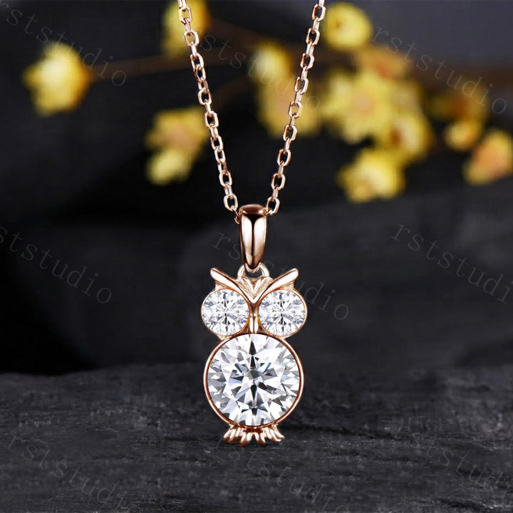 Unique Owl Lab Grown Diamond Necklace, Three Stone Minimalist Moissanite Pendant Neckalce,  Art Deco Animal Inspired Wedding Jewelry Women