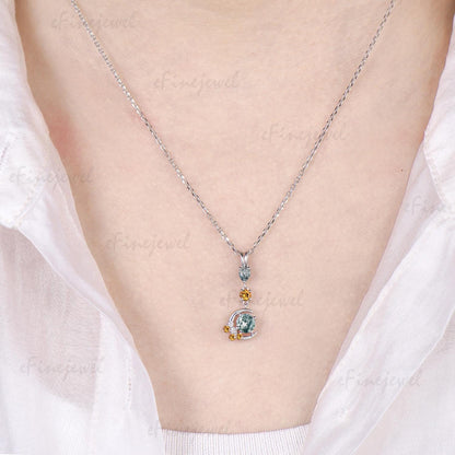 Delicate Round Cut Moss Agate Necklace Moon pendant 14k white gold Cluster citrine Moissanite Necklace Dainty Opal Necklace Proposal gifts