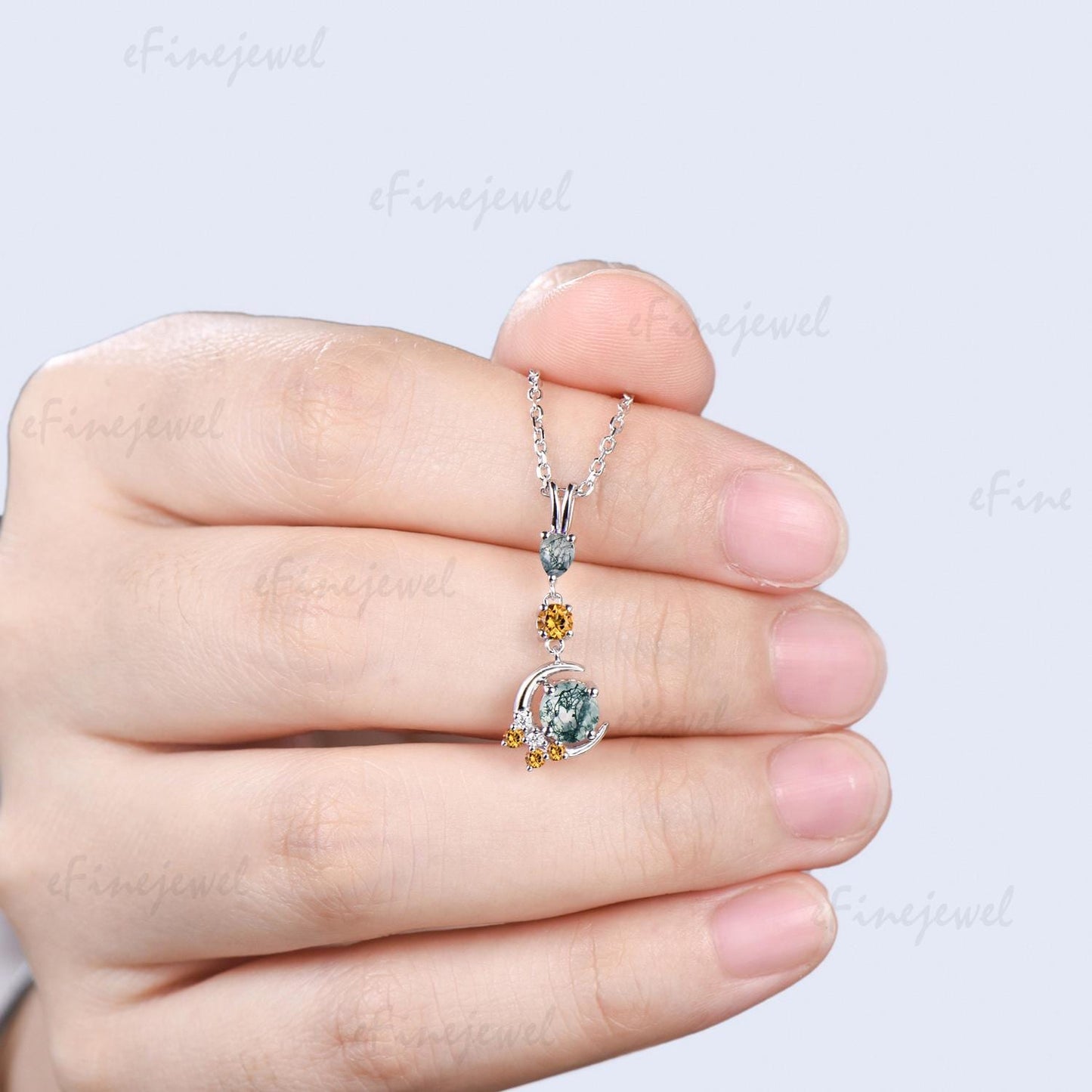 Delicate Round Cut Moss Agate Necklace Moon pendant 14k white gold Cluster citrine Moissanite Necklace Dainty Opal Necklace Proposal gifts
