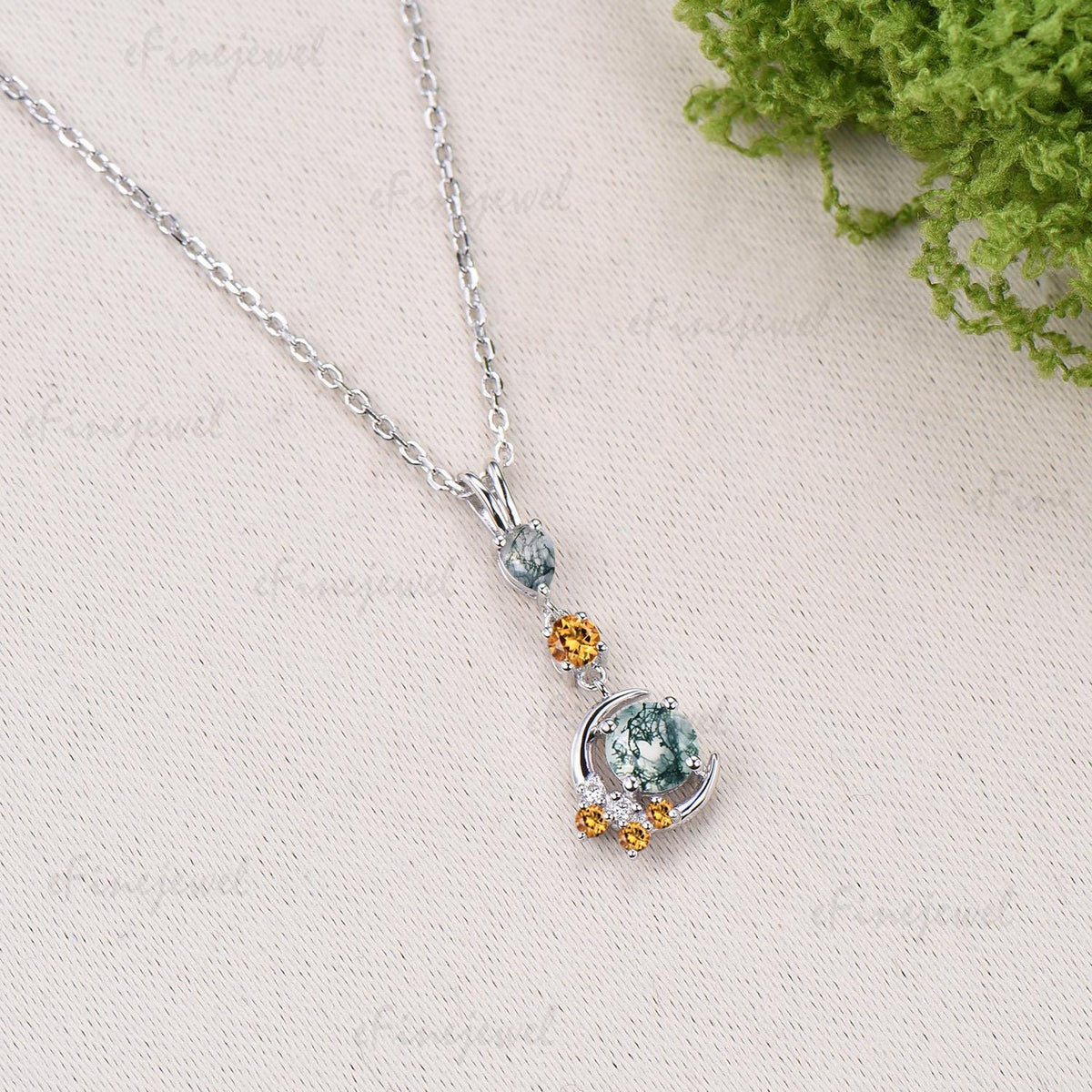 Delicate Round Cut Moss Agate Necklace Moon pendant 14k white gold Cluster citrine Moissanite Necklace Dainty Opal Necklace Proposal gifts