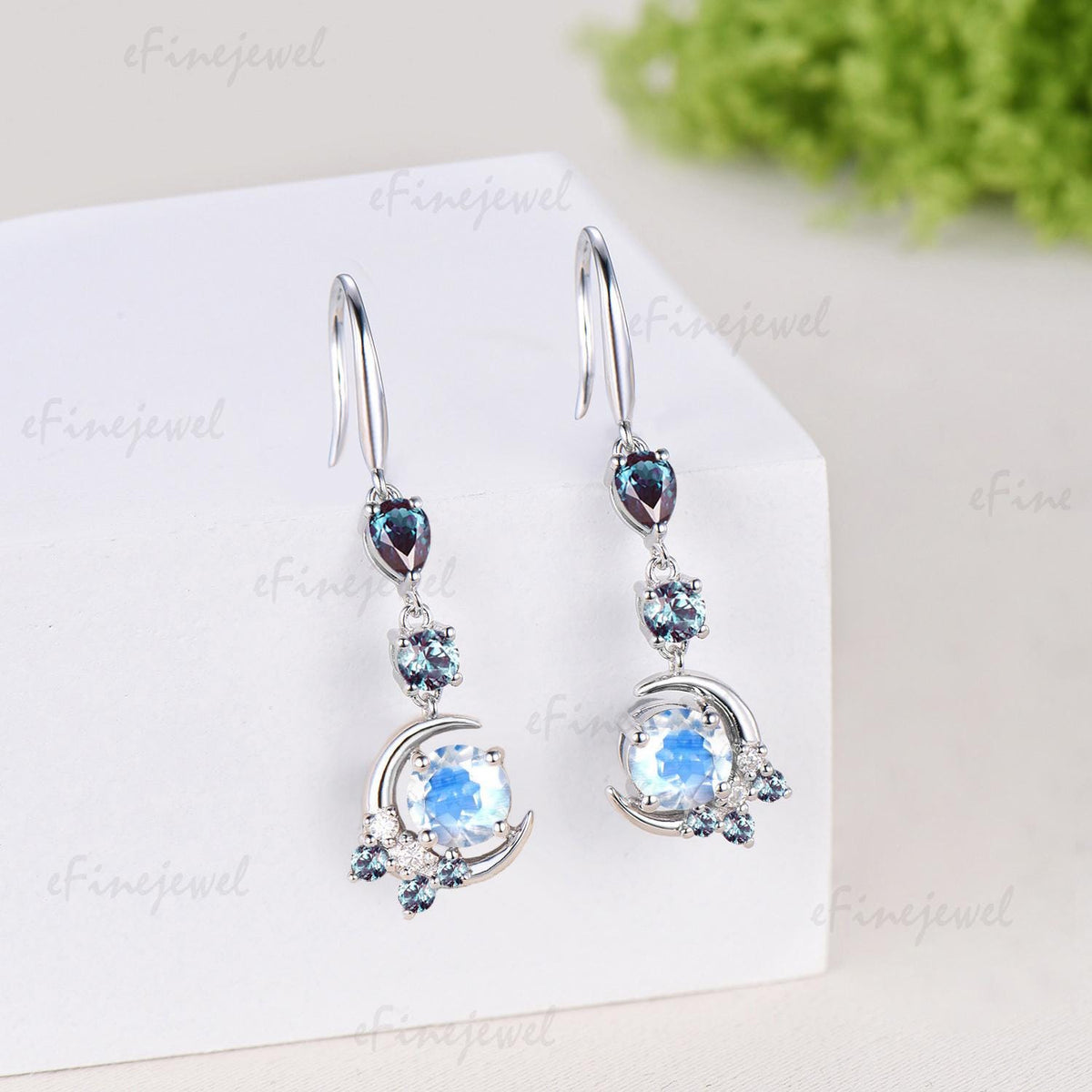 5mm Round Cut Natural Moonstone Earrings for Women, Crescent Moon Alexandrite Moonstone Earrings, June Birthstone Jewelry