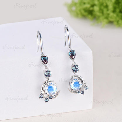 5mm Round Cut Natural Moonstone Earrings for Women, Crescent Moon Alexandrite Moonstone Earrings, June Birthstone Jewelry