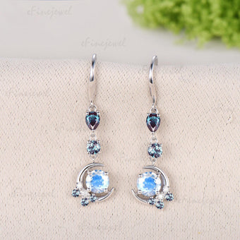 5mm Round Cut Natural Moonstone Earrings for Women, Crescent Moon Alexandrite Moonstone Earrings, June Birthstone Jewelry