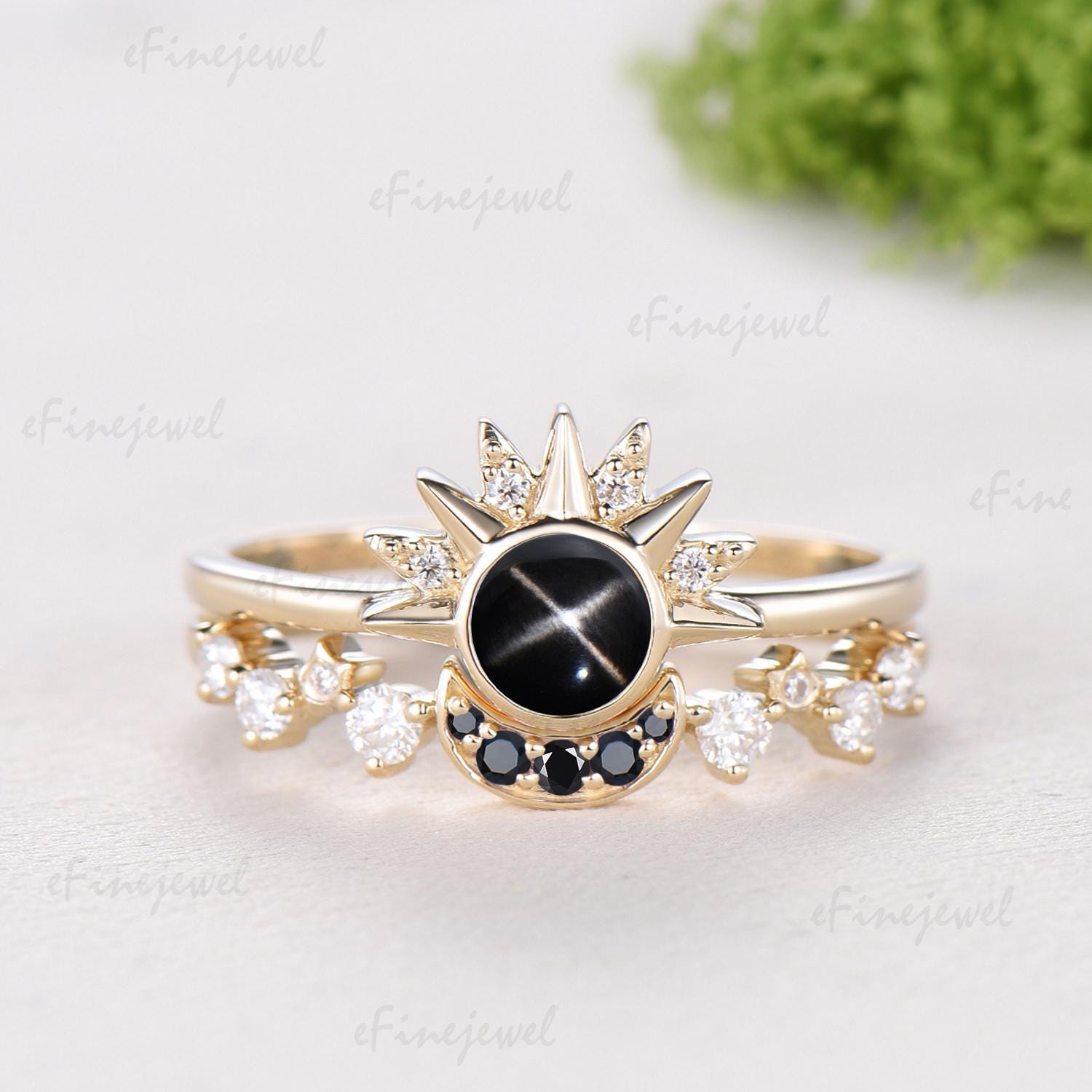 Sunflower Black Star Sapphire Engagement Ring Set, Galaxy Sun & Moon Bridal Set, Art Deco Star Spinel Moissanite Wedding Ring Set for Women