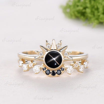 Sunflower Black Star Sapphire Engagement Ring Set, Galaxy Sun & Moon Bridal Set, Art Deco Star Spinel Moissanite Wedding Ring Set for Women