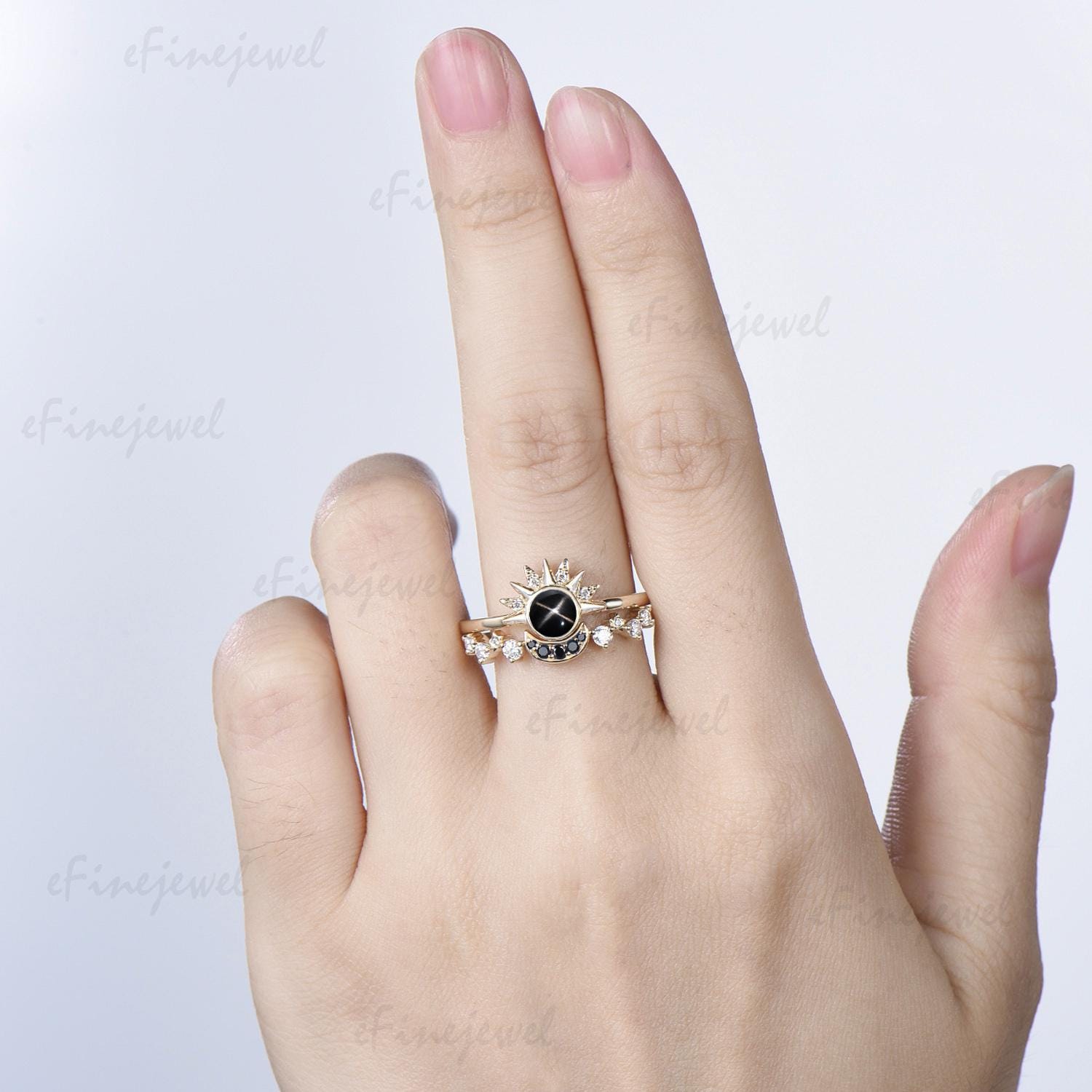 Sunflower Black Star Sapphire Engagement Ring Set, Galaxy Sun & Moon Bridal Set, Art Deco Star Spinel Moissanite Wedding Ring Set for Women