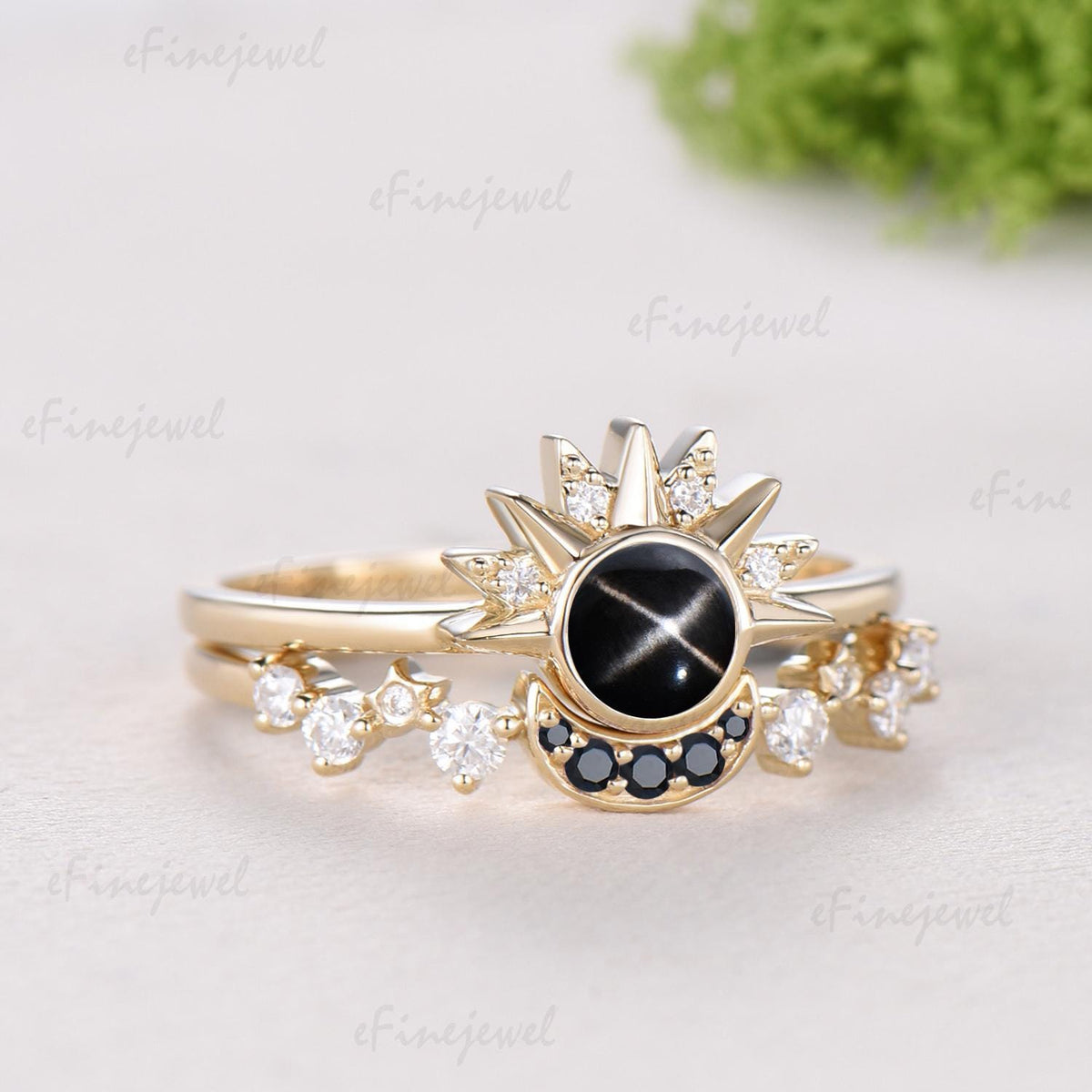 Sunflower Black Star Sapphire Engagement Ring Set, Galaxy Sun & Moon Bridal Set, Art Deco Star Spinel Moissanite Wedding Ring Set for Women
