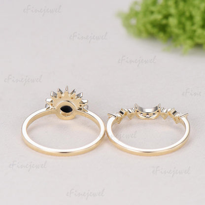 Sunflower Black Star Sapphire Engagement Ring Set, Galaxy Sun & Moon Bridal Set, Art Deco Star Spinel Moissanite Wedding Ring Set for Women