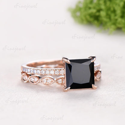 Vintage Princess Cut Natural Black Onyx Engagement Ring Set, Retro 14K Rose Gold Onyx Wedding Set, Art Deco Marquise Diamond Stacking Ring