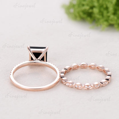 Vintage Princess Cut Natural Black Onyx Engagement Ring Set, Retro 14K Rose Gold Onyx Wedding Set, Art Deco Marquise Diamond Stacking Ring