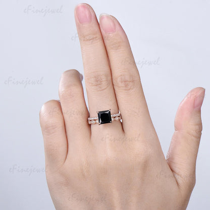 Vintage Princess Cut Natural Black Onyx Engagement Ring Set, Retro 14K Rose Gold Onyx Wedding Set, Art Deco Marquise Diamond Stacking Ring