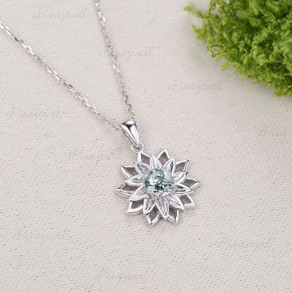 Vintage Sunflower Moss Agate Pendant Necklace, Spinner Design, Birthday Jewelry Gift