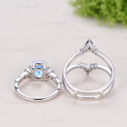 1.5CT Natural Oval Moonstone Engagement Ring Set Celtic Love Alexandrite Wedding Ring Set Unique Enhancer Band Anniversary Gift for Women