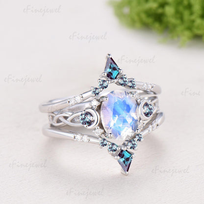 1.5CT Natural Oval Moonstone Engagement Ring Set Celtic Love Alexandrite Wedding Ring Set Unique Enhancer Band Anniversary Gift for Women