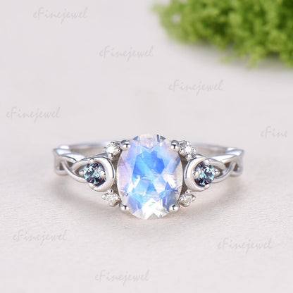 1.5CT Natural Oval Moonstone Engagement Ring Set Celtic Love Alexandrite Wedding Ring Set Unique Enhancer Band Anniversary Gift for Women