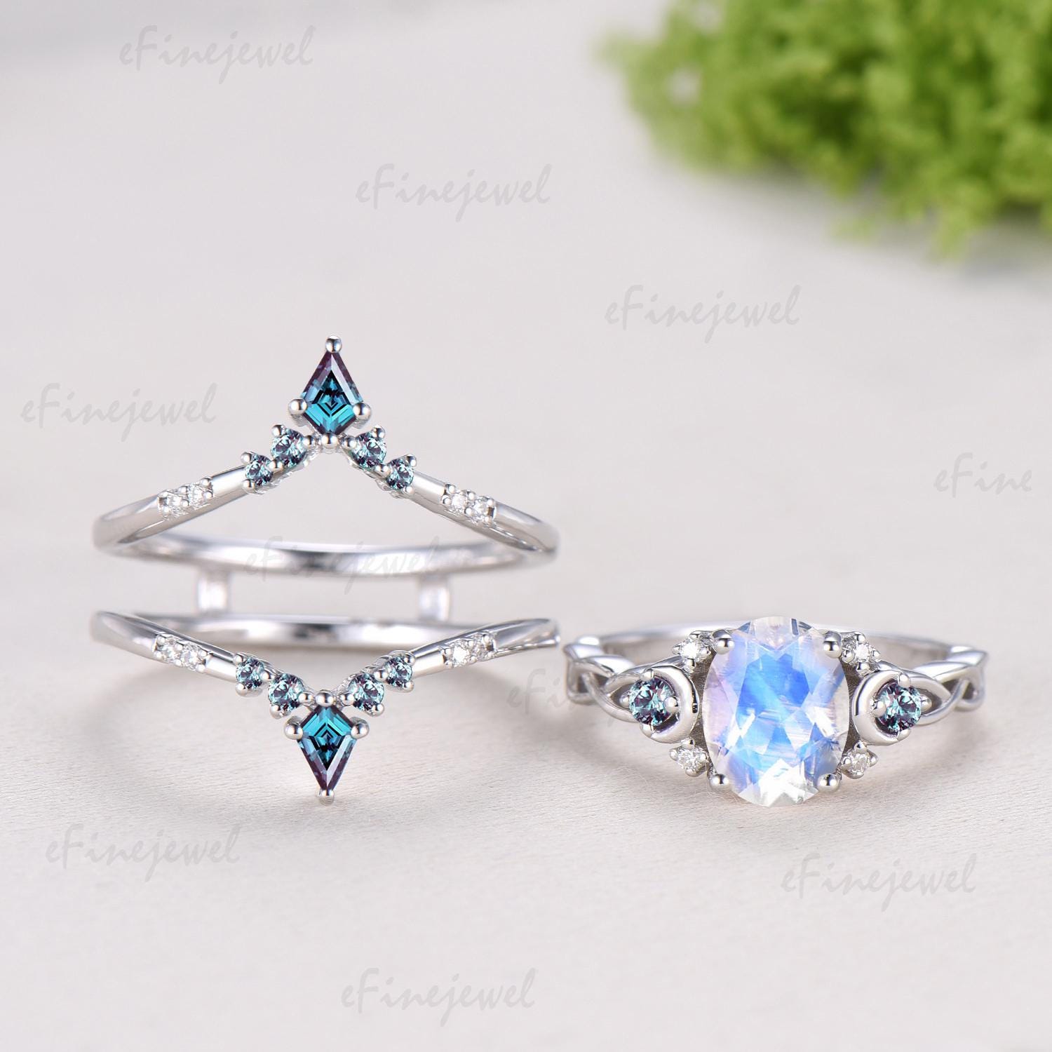 1.5CT Natural Oval Moonstone Engagement Ring Set Celtic Love Alexandrite Wedding Ring Set Unique Enhancer Band Anniversary Gift for Women