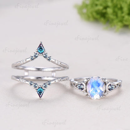1.5CT Natural Oval Moonstone Engagement Ring Set Celtic Love Alexandrite Wedding Ring Set Unique Enhancer Band Anniversary Gift for Women