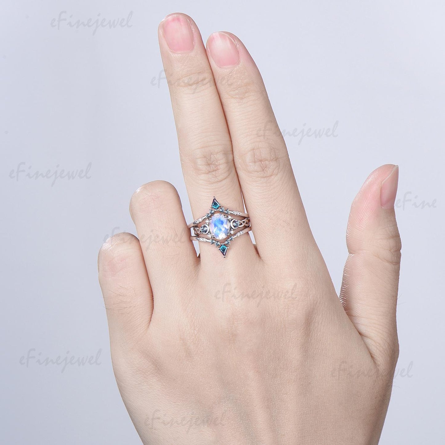 1.5CT Natural Oval Moonstone Engagement Ring Set Celtic Love Alexandrite Wedding Ring Set Unique Enhancer Band Anniversary Gift for Women