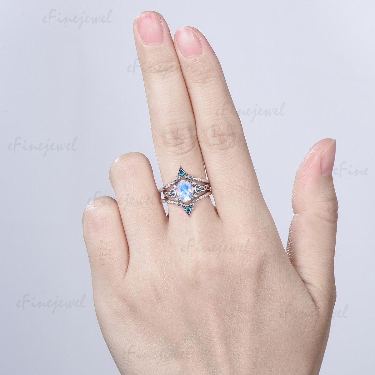 1.5CT Natural Oval Moonstone Engagement Ring Set Celtic Love Alexandrite Wedding Ring Set Unique Enhancer Band Anniversary Gift for Women