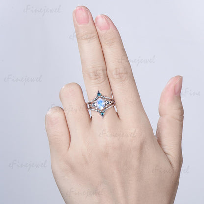 1.5CT Natural Oval Moonstone Engagement Ring Set Celtic Love Alexandrite Wedding Ring Set Unique Enhancer Band Anniversary Gift for Women
