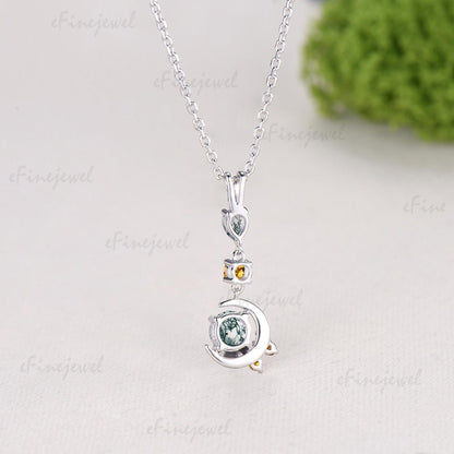 Delicate Round Cut Moss Agate Necklace Moon pendant 14k white gold Cluster citrine Moissanite Necklace Dainty Opal Necklace Proposal gifts