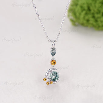 Delicate Round Cut Moss Agate Necklace Moon pendant 14k white gold Cluster citrine Moissanite Necklace Dainty Opal Necklace Proposal gifts