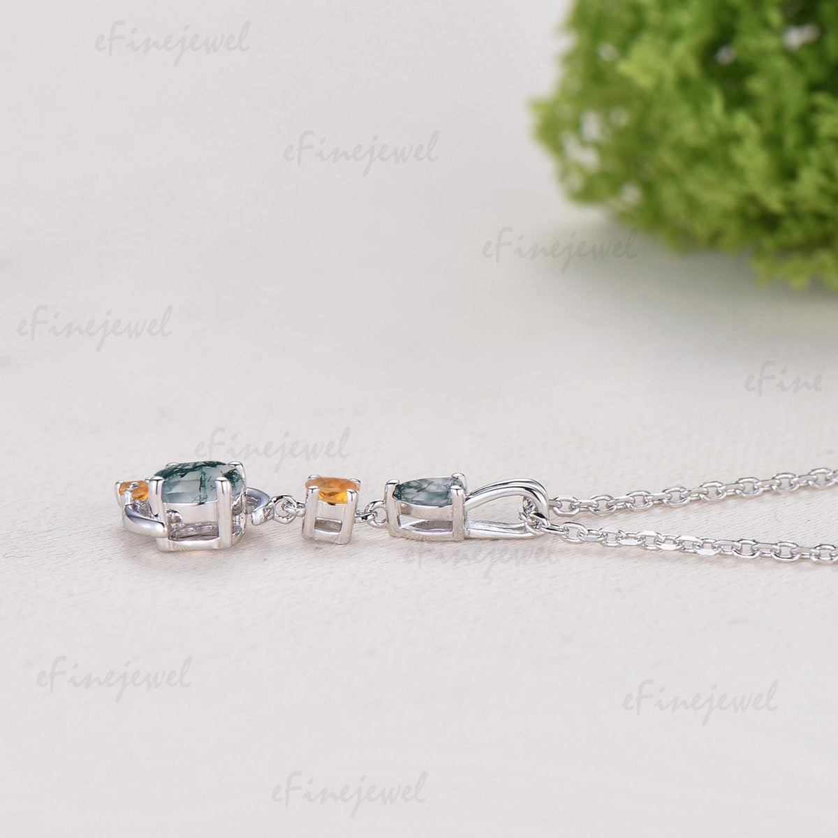 Delicate Round Cut Moss Agate Necklace Moon pendant 14k white gold Cluster citrine Moissanite Necklace Dainty Opal Necklace Proposal gifts