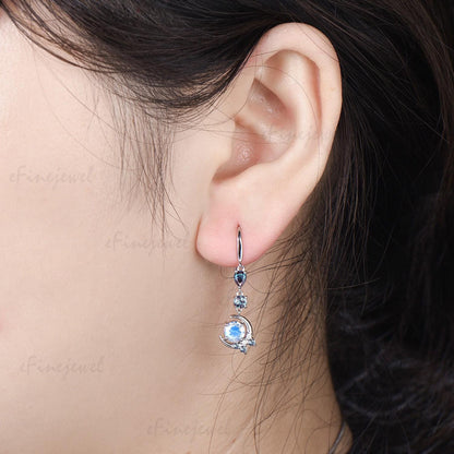 5mm Round Cut Natural Moonstone Earrings for Women, Crescent Moon Alexandrite Moonstone Earrings, June Birthstone Jewelry