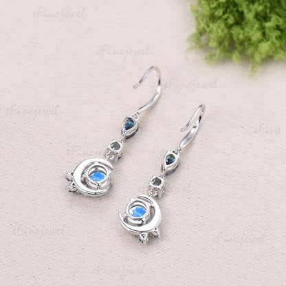 5mm Round Cut Natural Moonstone Earrings for Women, Crescent Moon Alexandrite Moonstone Earrings, June Birthstone Jewelry