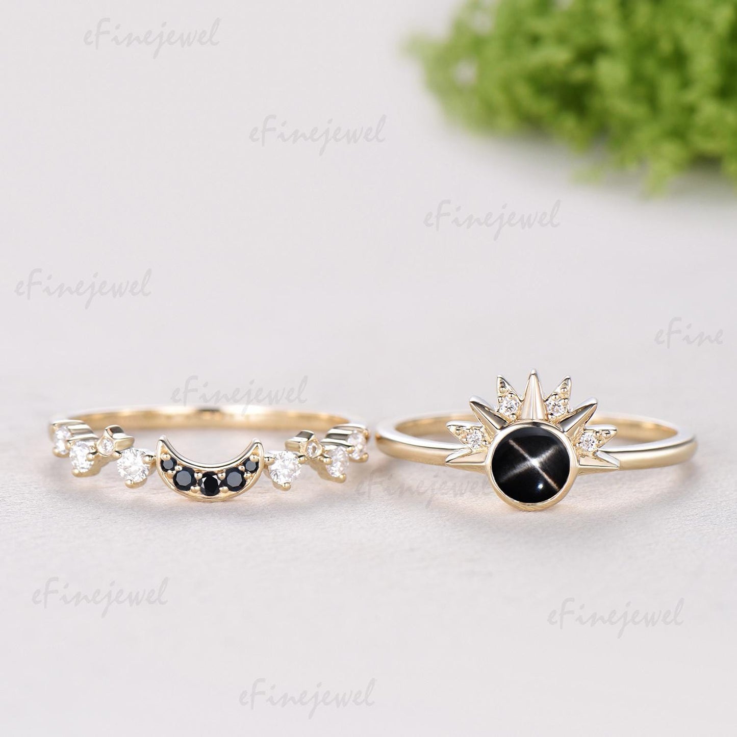 Sunflower Black Star Sapphire Engagement Ring Set, Galaxy Sun & Moon Bridal Set, Art Deco Star Spinel Moissanite Wedding Ring Set for Women