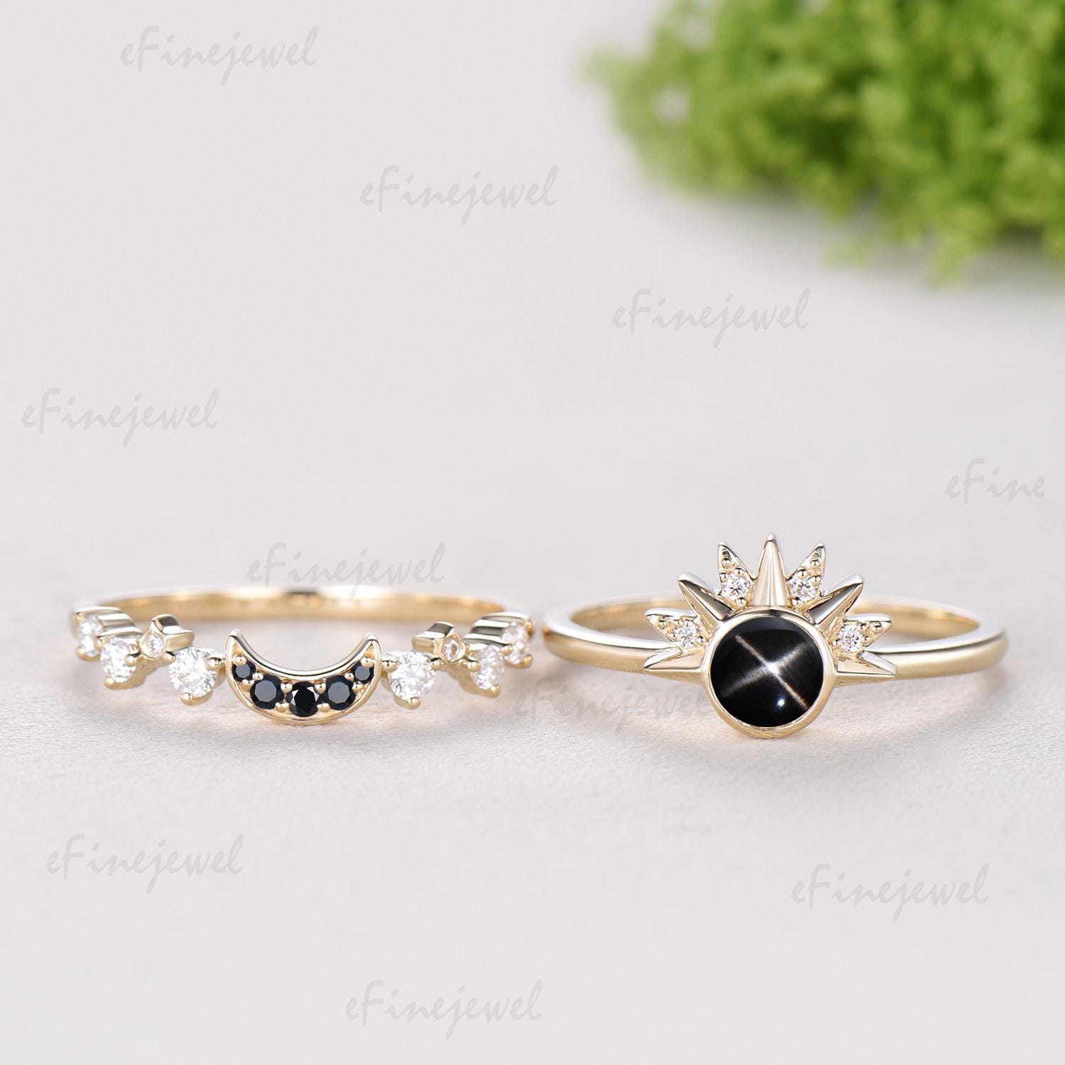 Sunflower Black Star Sapphire Engagement Ring Set, Galaxy Sun & Moon Bridal Set, Art Deco Star Spinel Moissanite Wedding Ring Set for Women