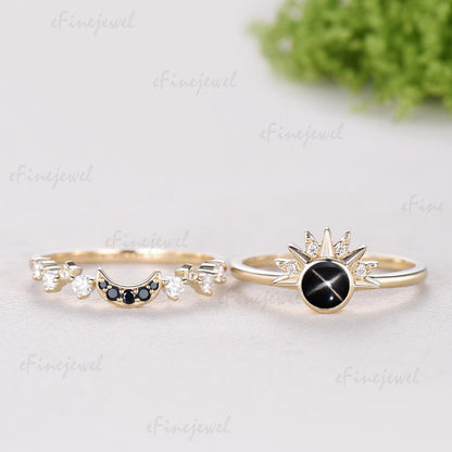 Sunflower Black Star Sapphire Engagement Ring Set, Galaxy Sun & Moon Bridal Set, Art Deco Star Spinel Moissanite Wedding Ring Set for Women
