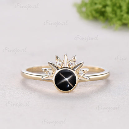 Sunflower Black Star Sapphire Engagement Ring Set, Galaxy Sun & Moon Bridal Set, Art Deco Star Spinel Moissanite Wedding Ring Set for Women