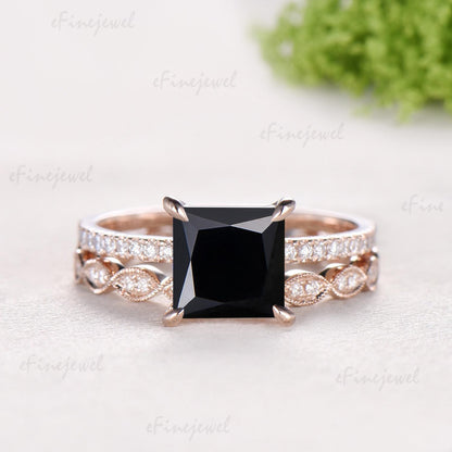 Vintage Princess Cut Natural Black Onyx Engagement Ring Set, Retro 14K Rose Gold Onyx Wedding Set, Art Deco Marquise Diamond Stacking Ring