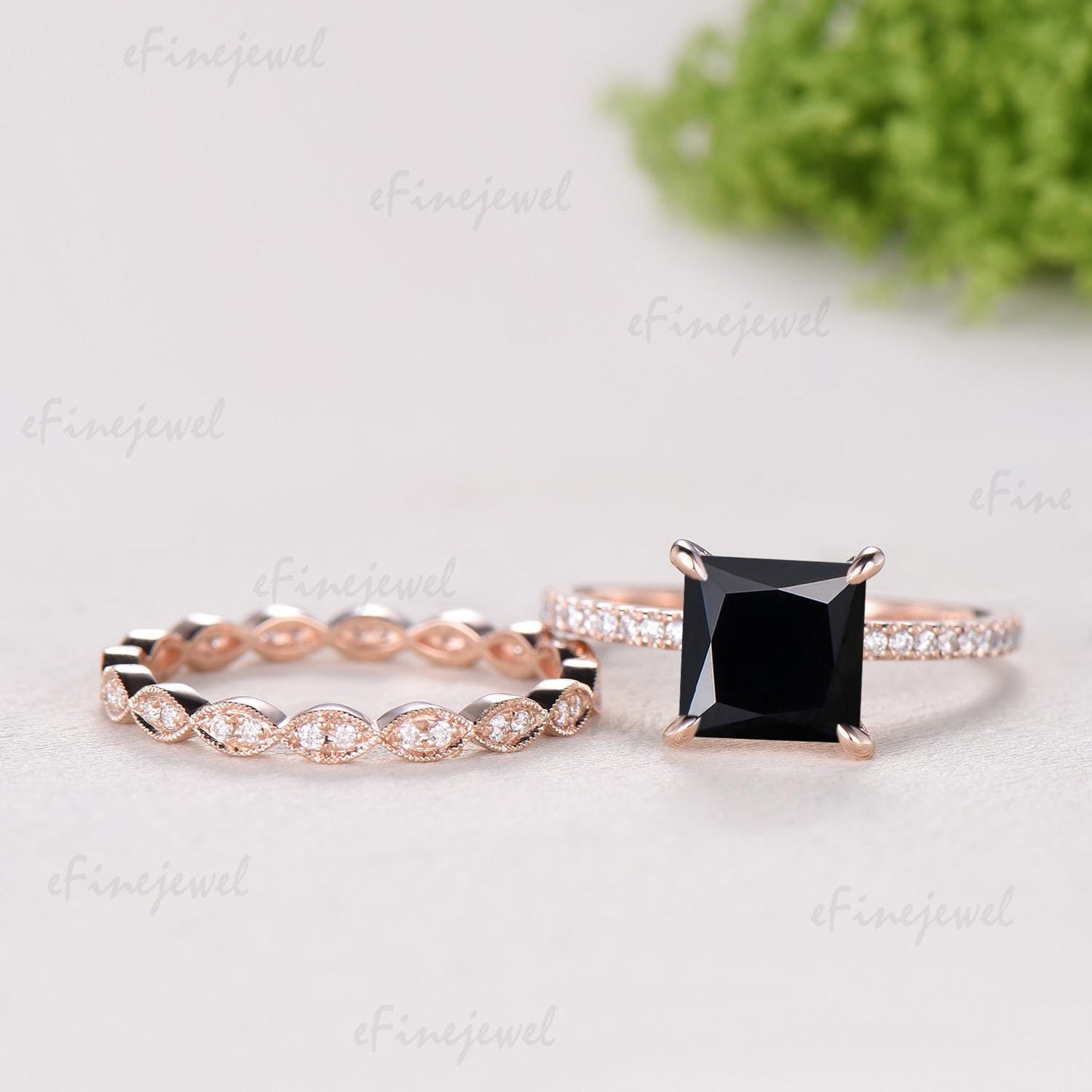 Vintage Princess Cut Natural Black Onyx Engagement Ring Set, Retro 14K Rose Gold Onyx Wedding Set, Art Deco Marquise Diamond Stacking Ring